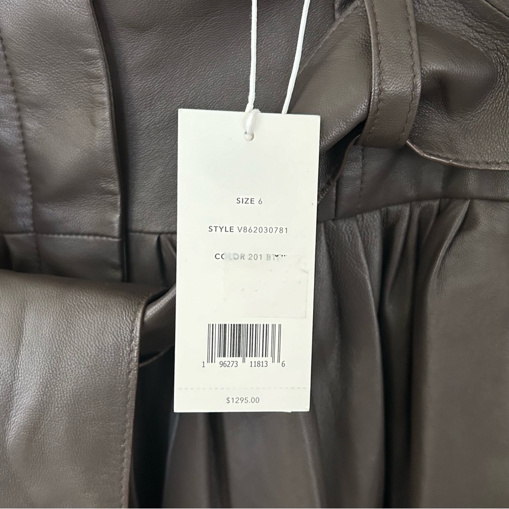 Vince BNWT gorgeous lamb skin brown leather pleated midi skirt w attached  belt. - Picture 3 of 9